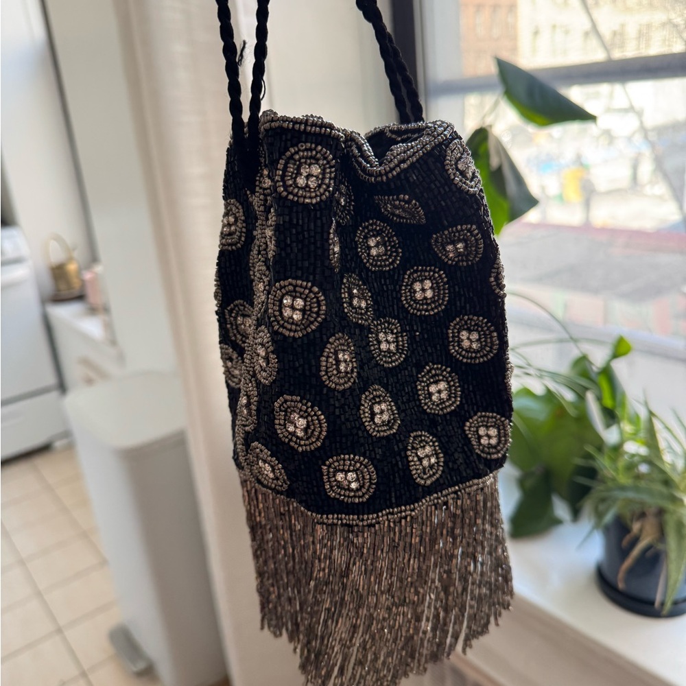 Zara Black and Silver Clutch with Fringe Detail